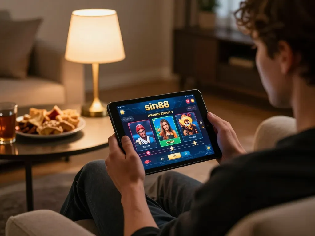 Engaging in the sin88 club online casino game while relaxing at home with a tablet