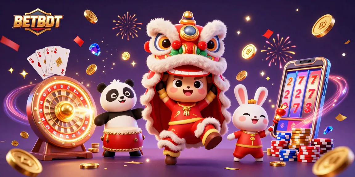 Win big with BETBDT in this vibrant casino scene featuring a festive lion dance and gaming elements.
