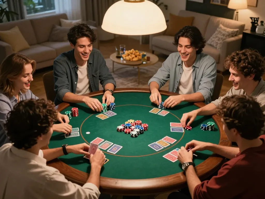 Engaging friends enjoying a poker game at home, showcasing cakhia strategies and camaraderie in a warm atmosphere.