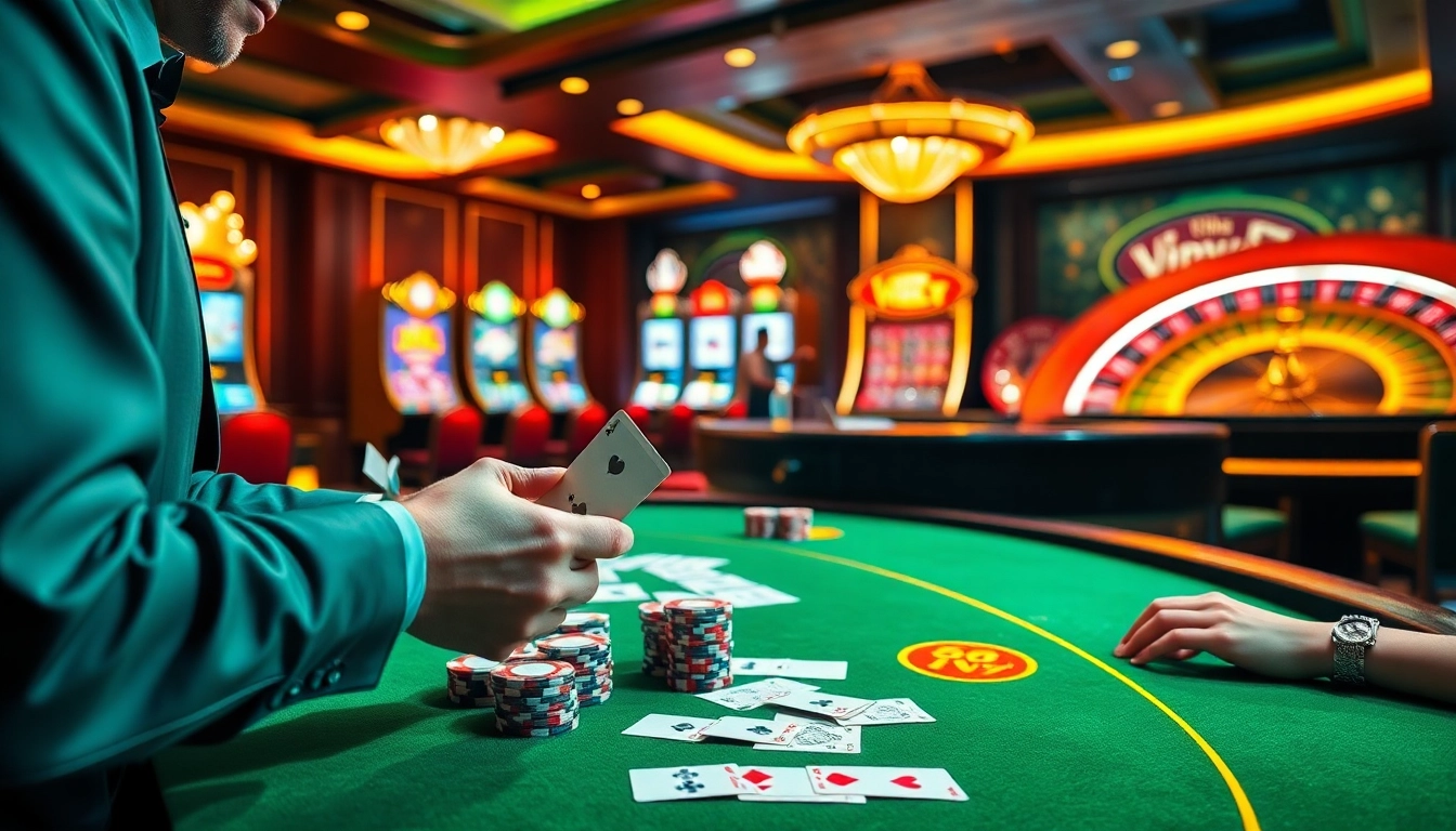 Experience the thrill of vipwin at a luxurious casino gaming table with vibrant colors and professional gameplay.