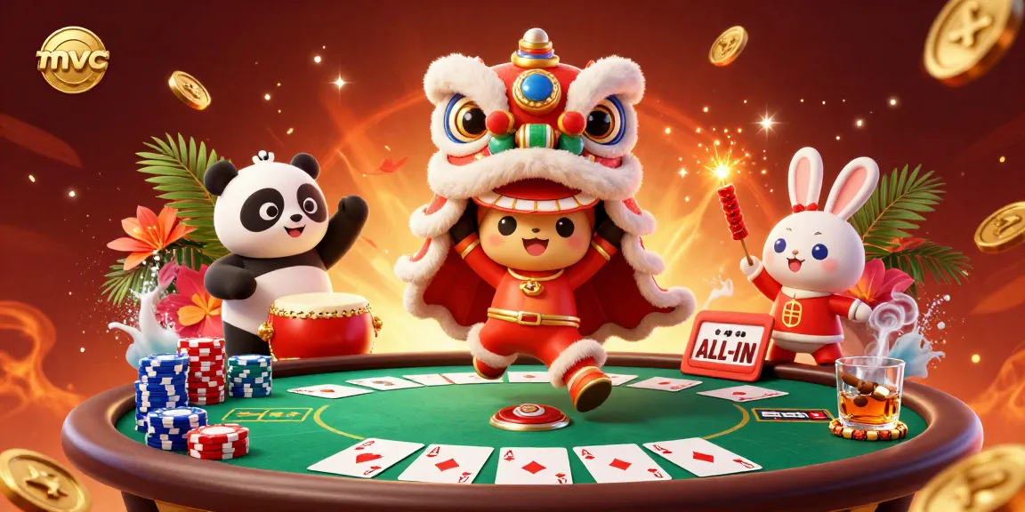 Join the lively mvc casino scene with a lion costume dance, poker action, and vibrant festivities.