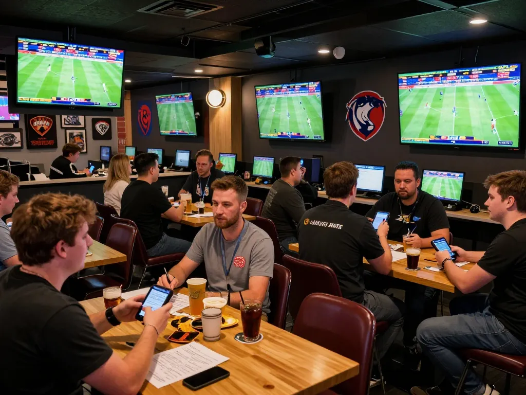 Fans placing bets in a lively sports betting lounge, showcasing 888top excitement and engagement