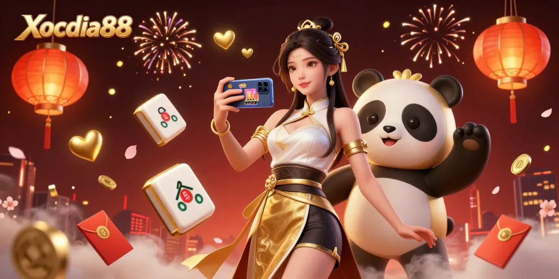 Xocdia88's vibrant casino scene showcases a stylish Asian woman and a golden panda, celebrating gaming excitement.