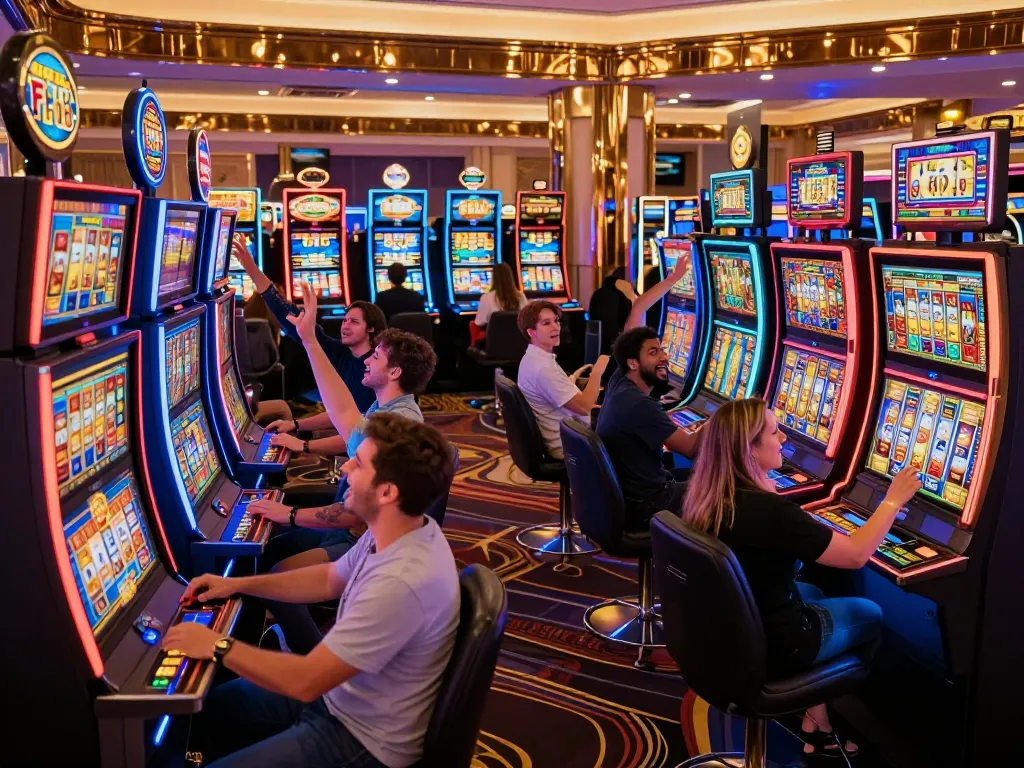 F168 players celebrating wins at exciting slot machines in a lively casino atmosphere