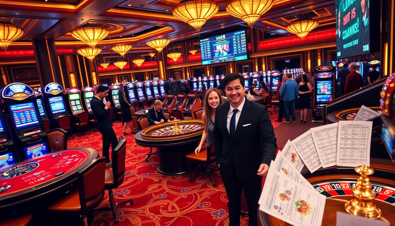 Engaged gamblers enjoying games at ok9's vibrant and luxurious casino setting with tables and slot machines.