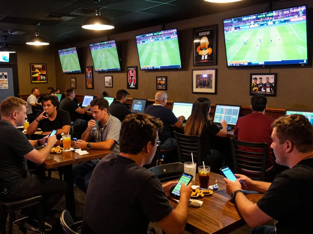 Patrons engaged in sports betting using mobile devices to track tỷ lệ kèo nhà cái in an exciting sports bar atmosphere