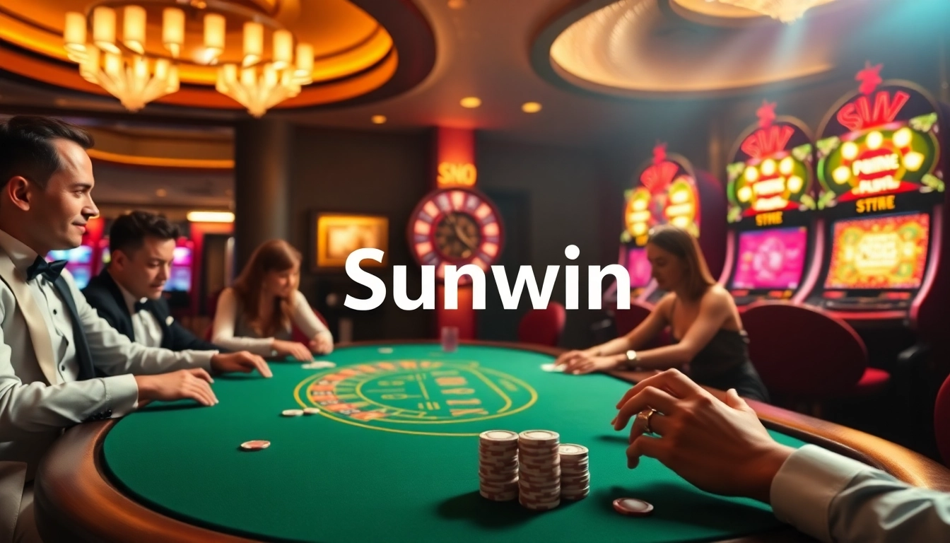 Exciting casino scene with players at Sunwin poker table, showcasing luxury and gaming action.