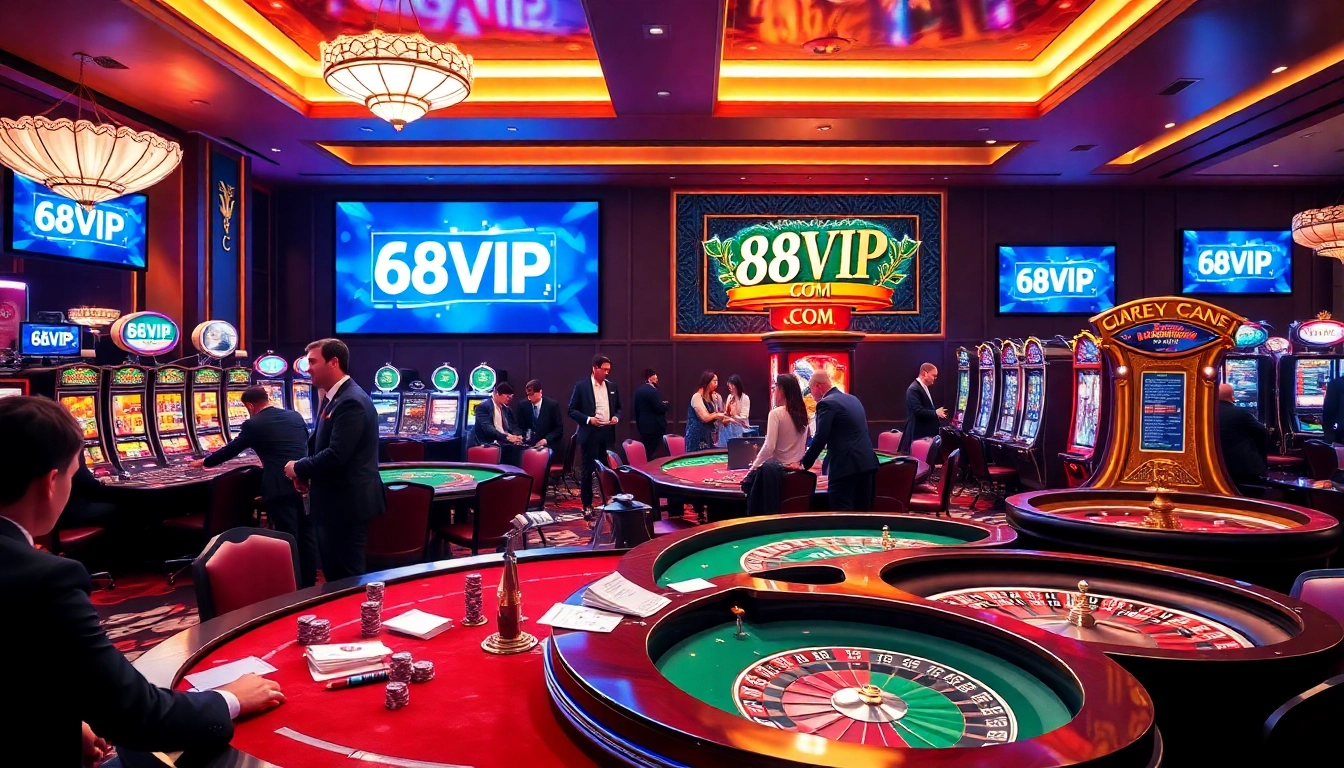 Exciting casino action at 68VIP.COM featuring live gaming tables and vibrant betting elements.
