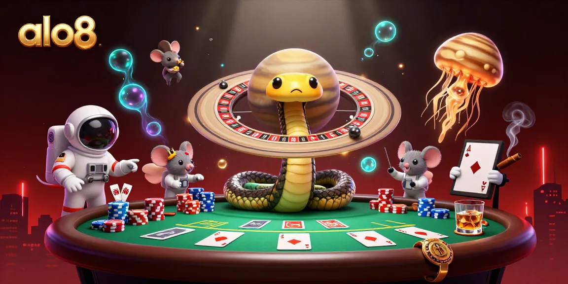 Experience thrilling bets at alo8 with poker chips, cosmic dealer, and animated characters in a vibrant casino scene.
