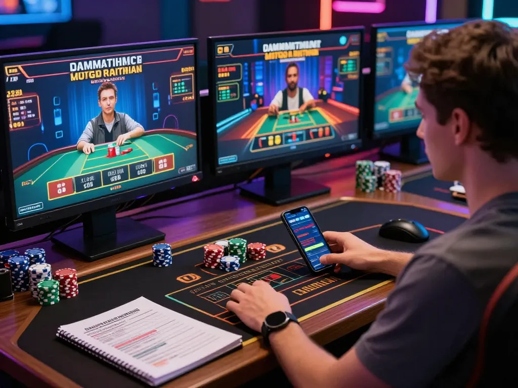 Play engaging casino games online at uu88 with a professional gaming setup and vibrant atmosphere.