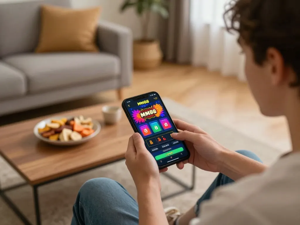 Player engaging with MM88 app on mobile device in a cozy home setting, highlighting online gaming experience.