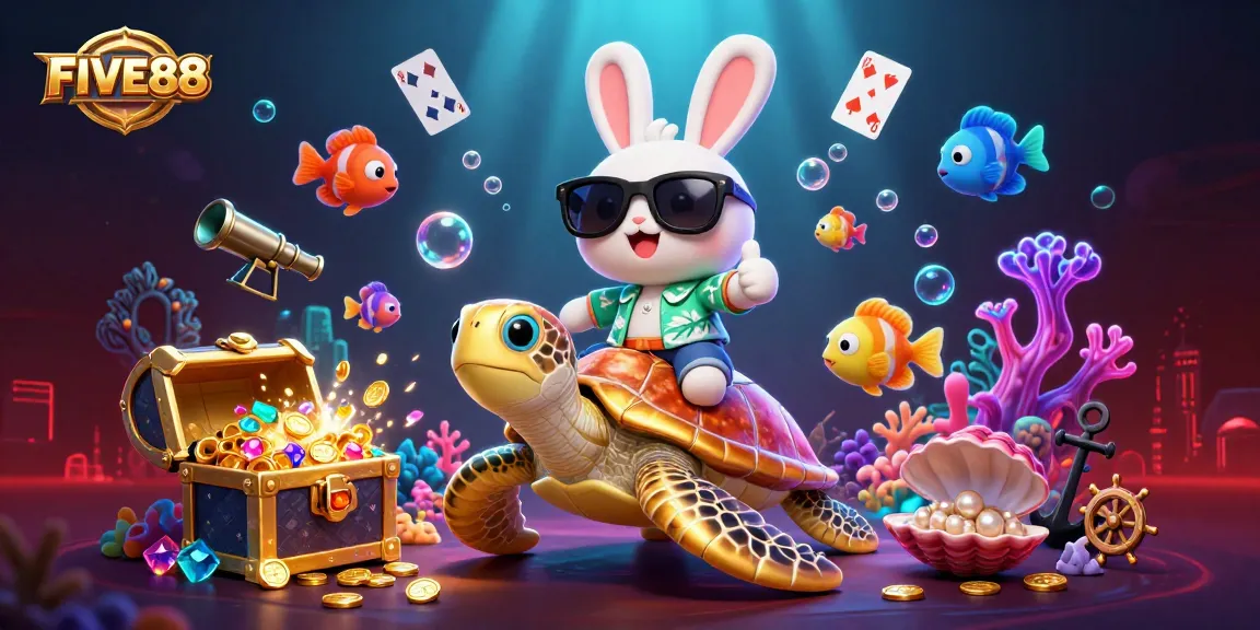 Join the action with FIVE88, where a lucky rabbit and golden turtle celebrate wins amidst colorful gems.