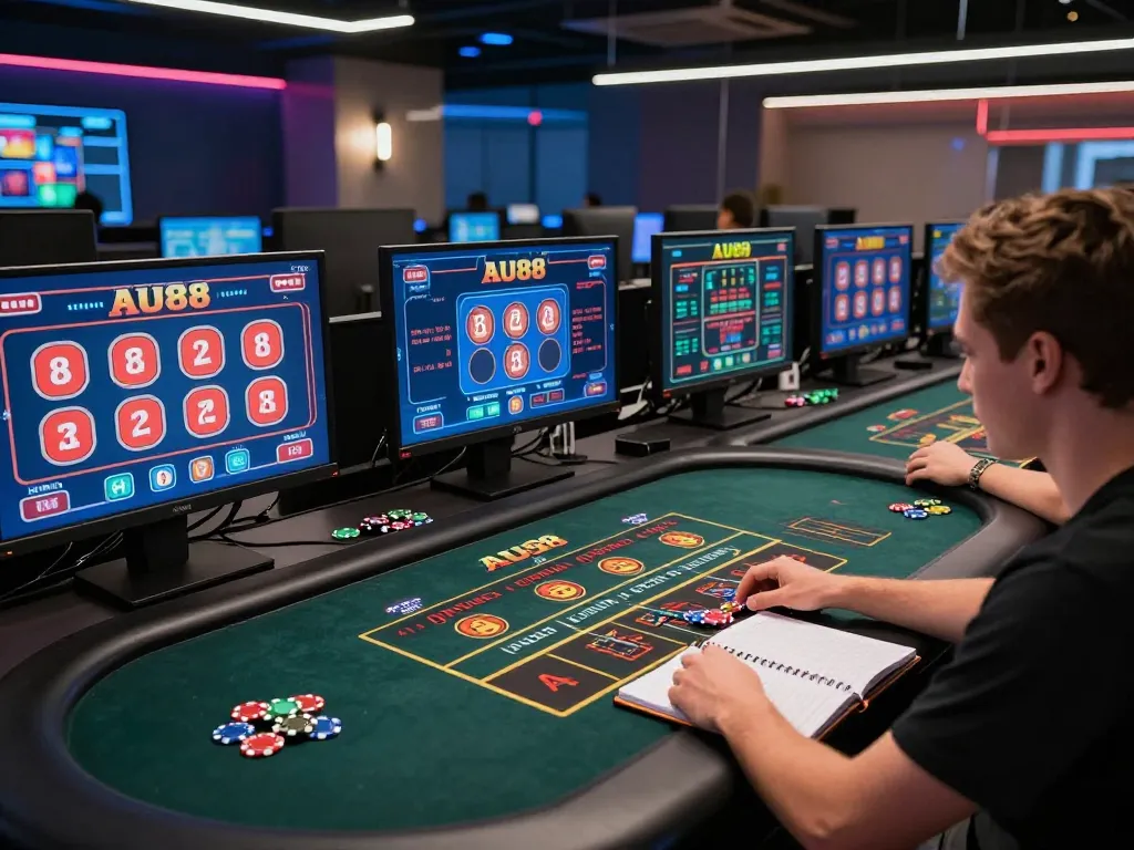 Engaging player strategizing for a winning session on Au88 online gambling platform with multiple screens.