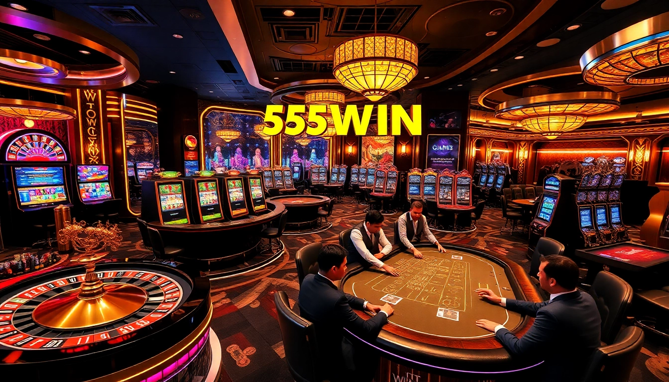 Experience the luxury of 555WIN casino with vibrant gaming tables and immersive slot machines.
