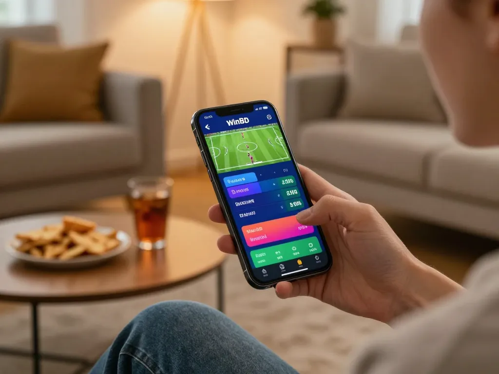 Winbd user placing sports bets on mobile app with vibrant interface, showcasing excitement and user engagement.