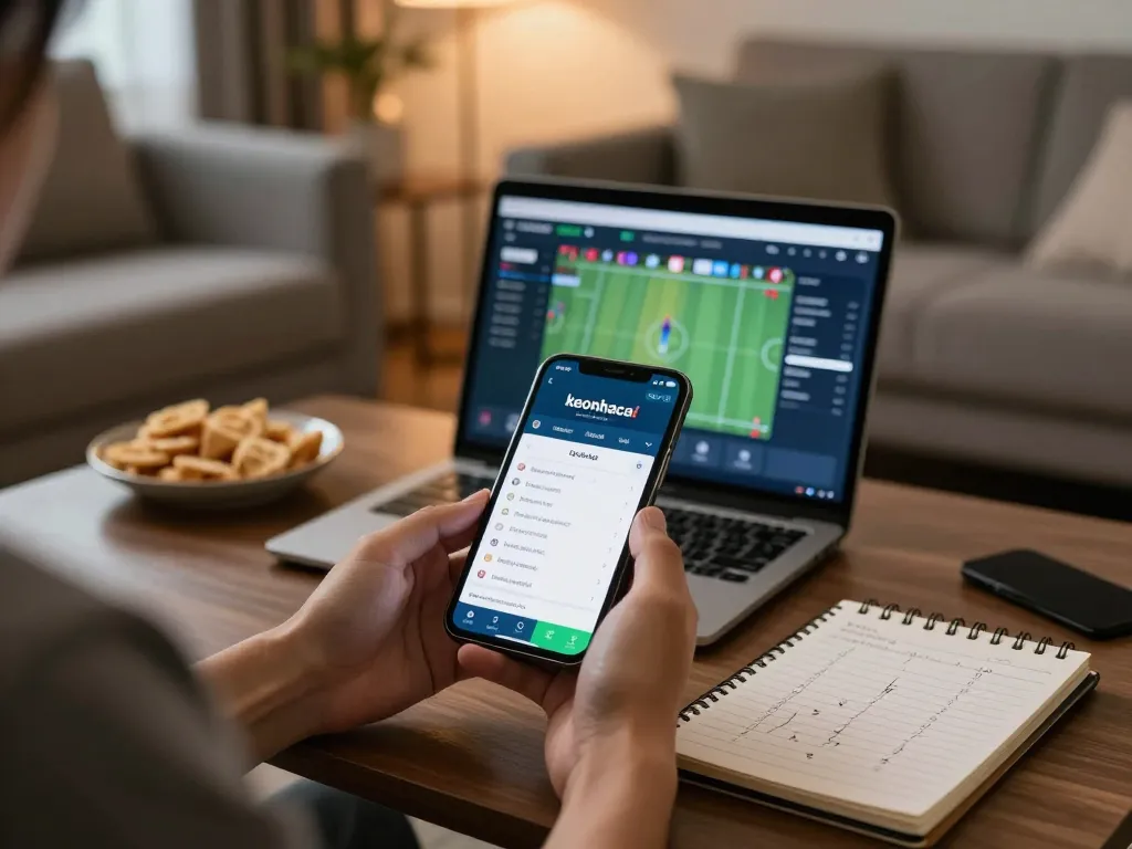 Engaging in keonhacai sports betting while analyzing strategies at home.