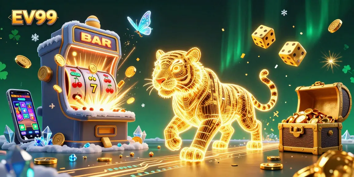 Spin slots at EV99 and enjoy a virtual casino filled with vibrant golden tigers and jackpot excitement.