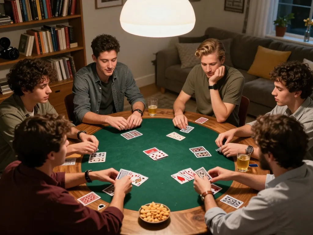 Friends engaging in a thrilling home poker night, focusing on strategic plays and friendly bets while enjoying their บอล ออนไลน์ games.