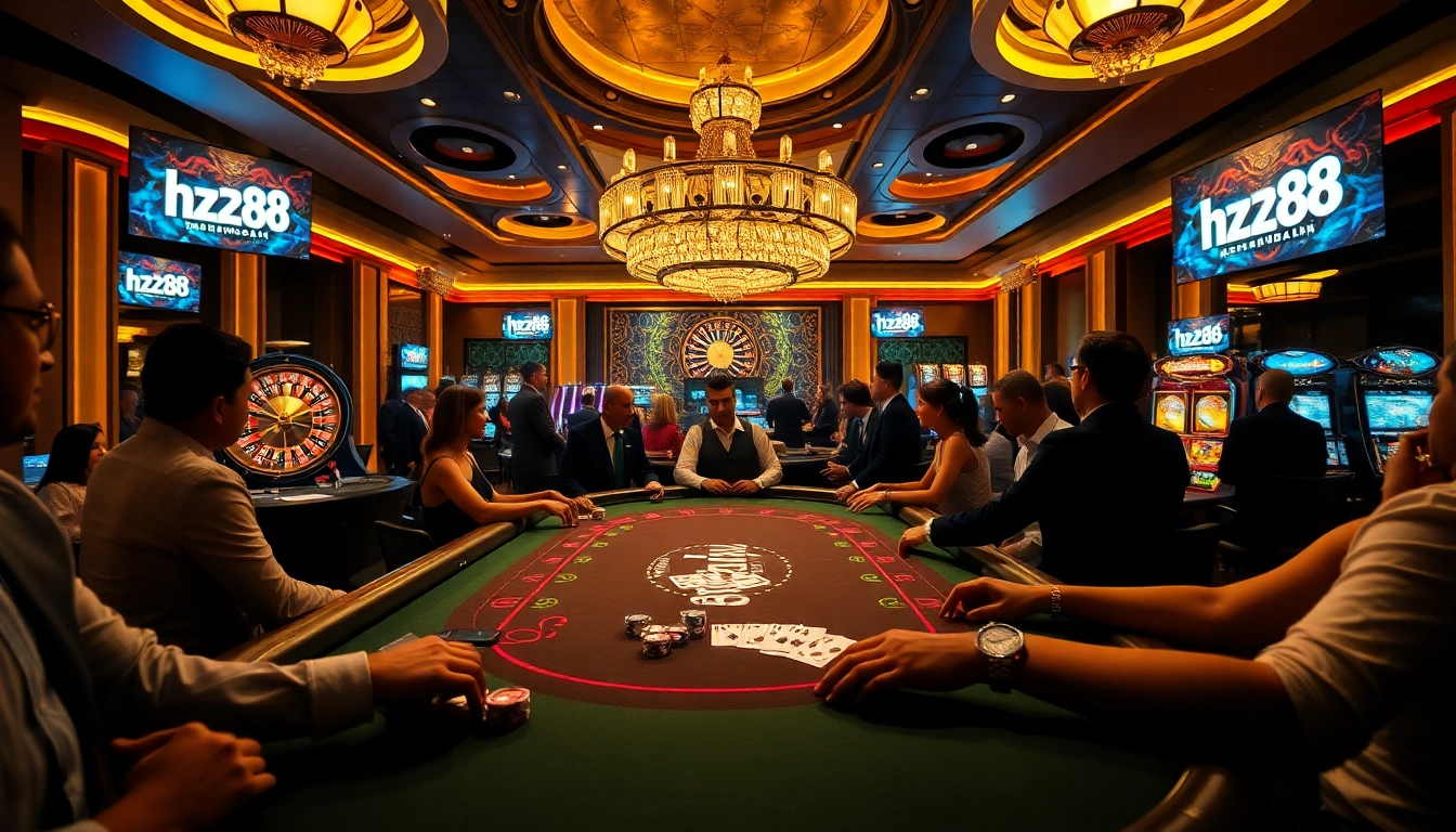 Experience high-stakes poker action at hz88's luxurious casino environment.