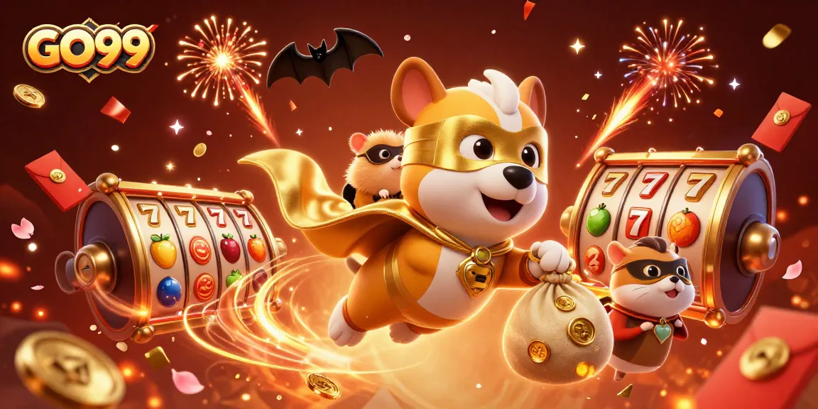 Win big with GO99, where a superhero dog and hamster adventure through a dynamic casino scene.