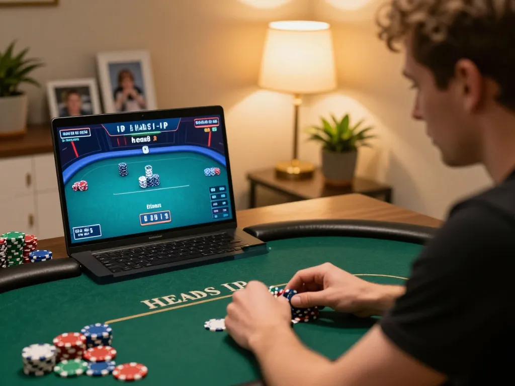 Player engaging in an exciting online poker game at JUN88, showcasing strategy and focus in a cozy setting