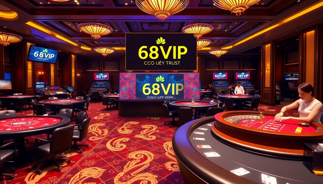 Experience gaming excitement at Nhà Cái 68VIP Có Uy Tín with poker chips and card tables.