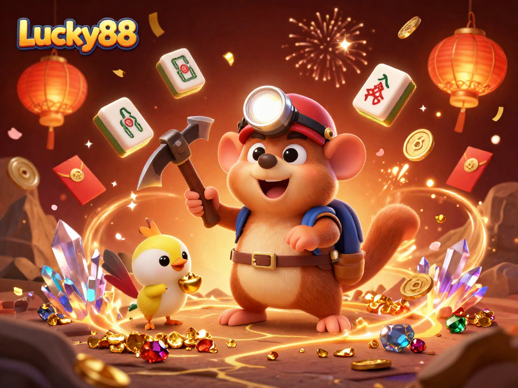 Join the excitement at Lucky88 with a treasure-hunting mole in a colorful casino scene!
