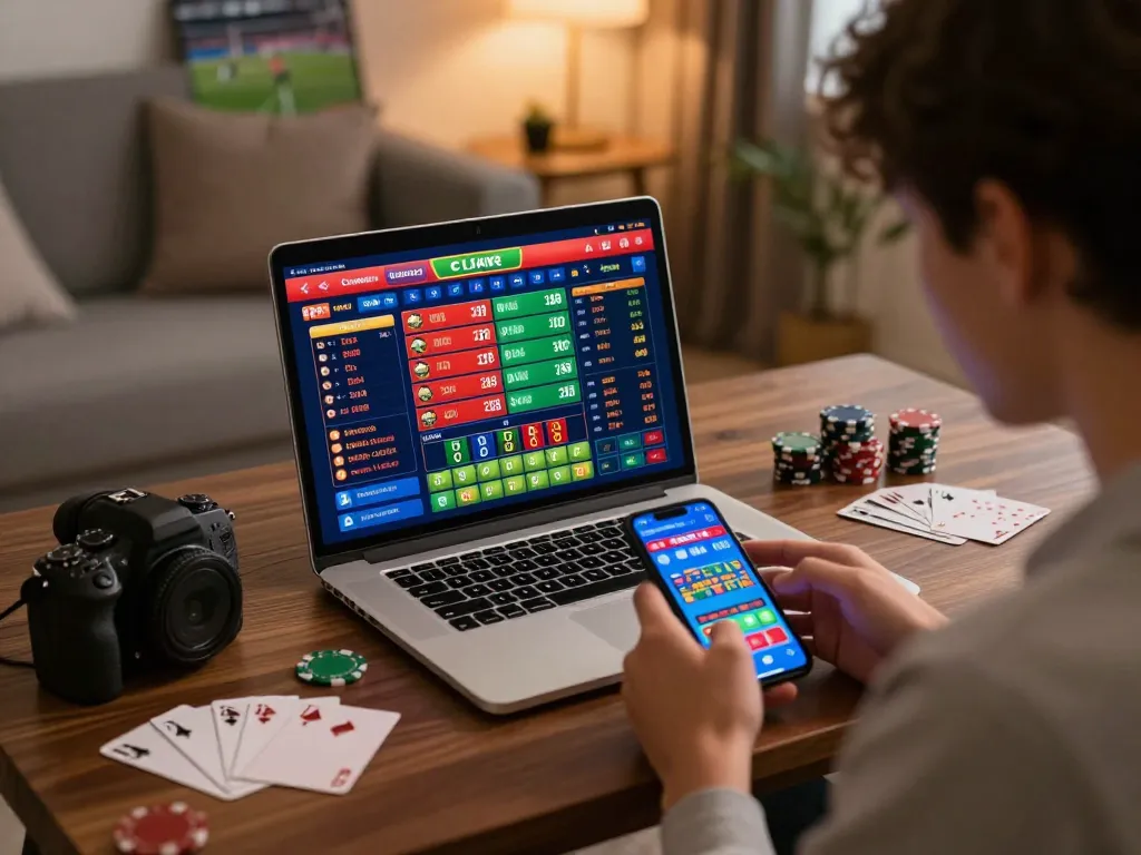 Betting on nhà cái S666 with live odds displayed on a laptop, showcasing online gambling excitement.
