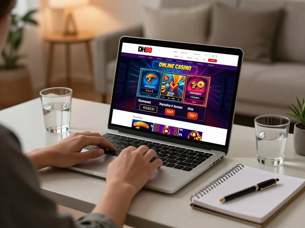 Player enjoying online casino experience at DH88 with vibrant game interface on laptop