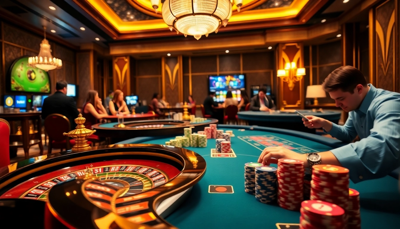 Experience the excitement of Hitclub đăng nhập with a luxurious casino scene featuring vibrant gaming tables and engaged players.