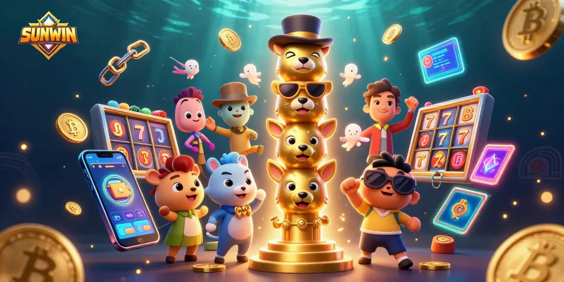 SUNWIN features a vibrant 3D casino illustration showcasing lively characters, slot reels, and glowing crypto elements.