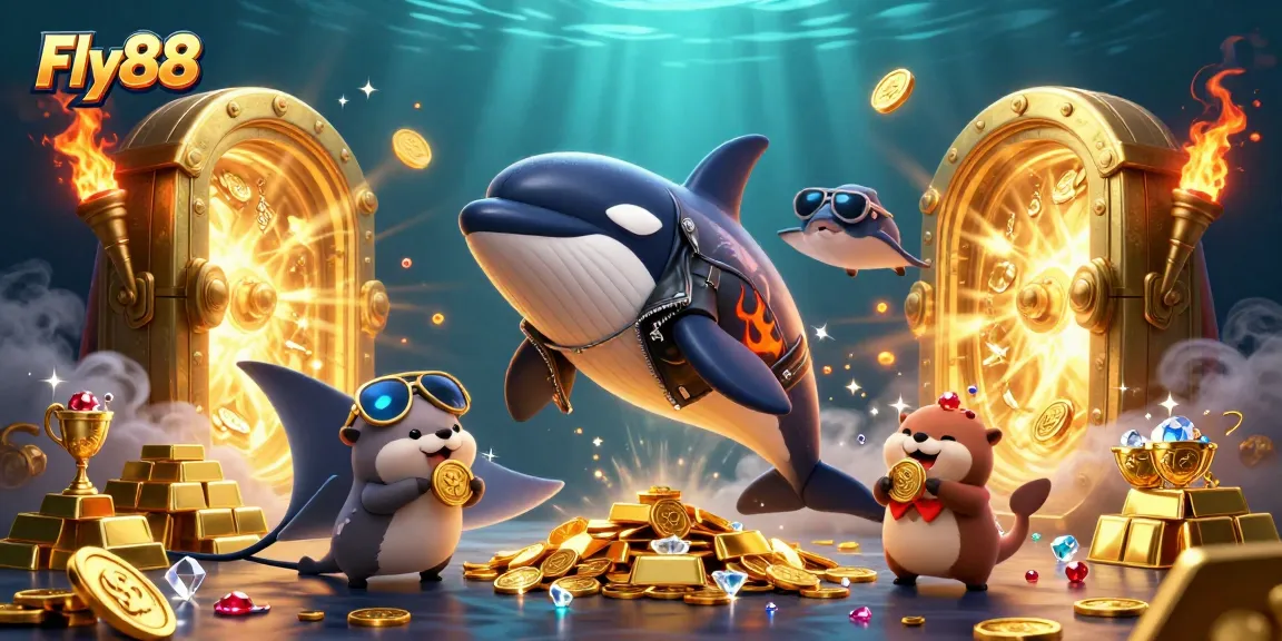 Fly88 offers dynamic gaming experiences with orca whale, stingray, and sea otter characters amidst treasures.