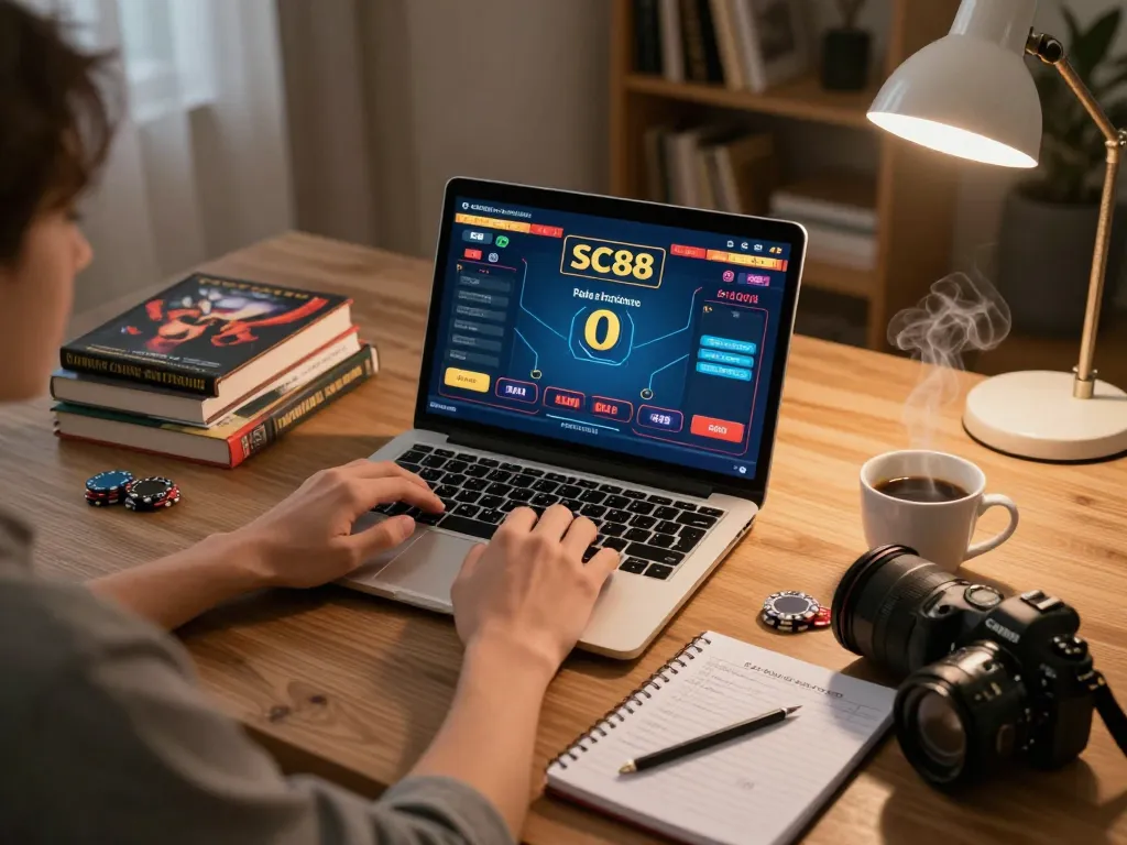 Person engaged in SC88 poker game on laptop during a cozy online gaming session.