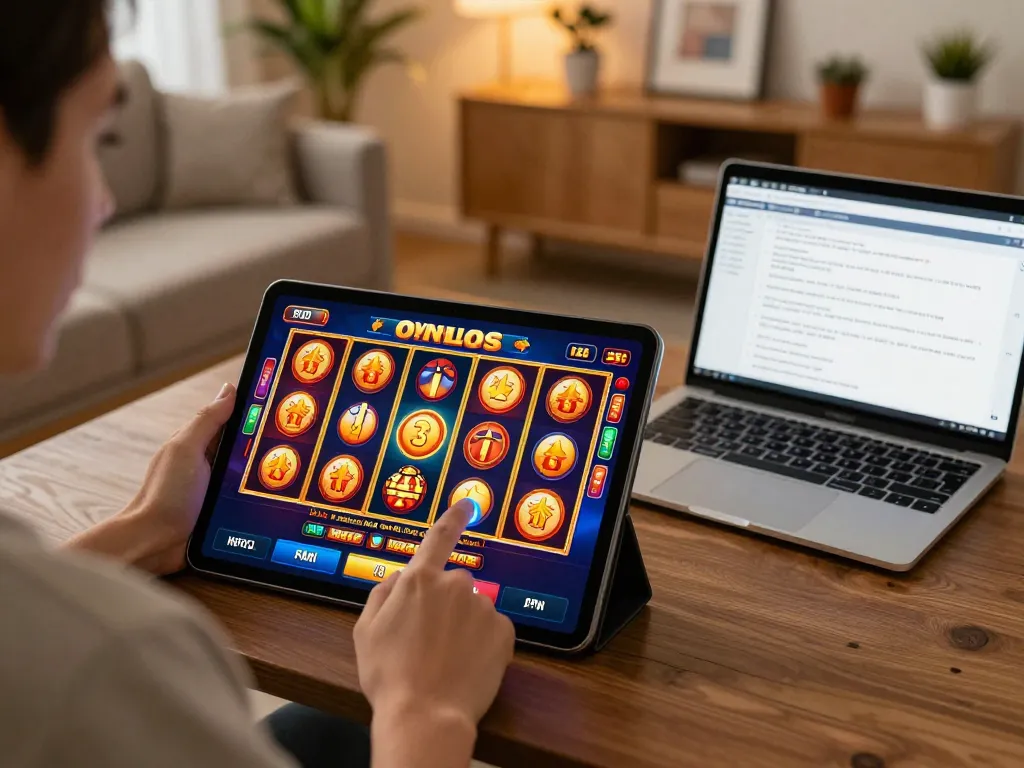 Player engaging with 123B online slots on a tablet, showcasing thrilling gaming action and strategic gameplay.