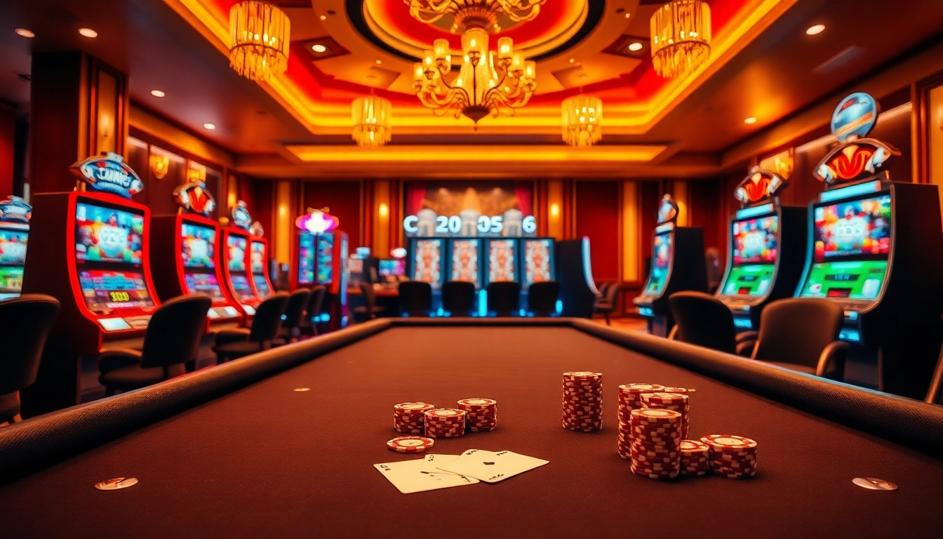 Engage with Hello88's vibrant online casino atmosphere featuring elegant card tables and dynamic slot machines.
