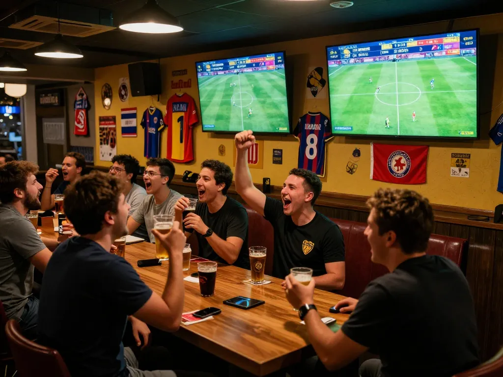 Excited fans cheering as the kết quả bóng đá updates during a live soccer match at a sports bar.