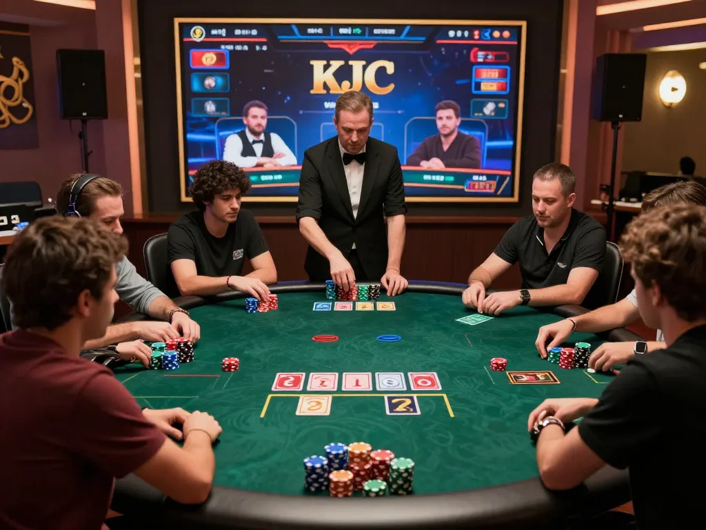 Players engaging in online poker with KJC, enjoying immersive virtual casino experience, colorful chips visible