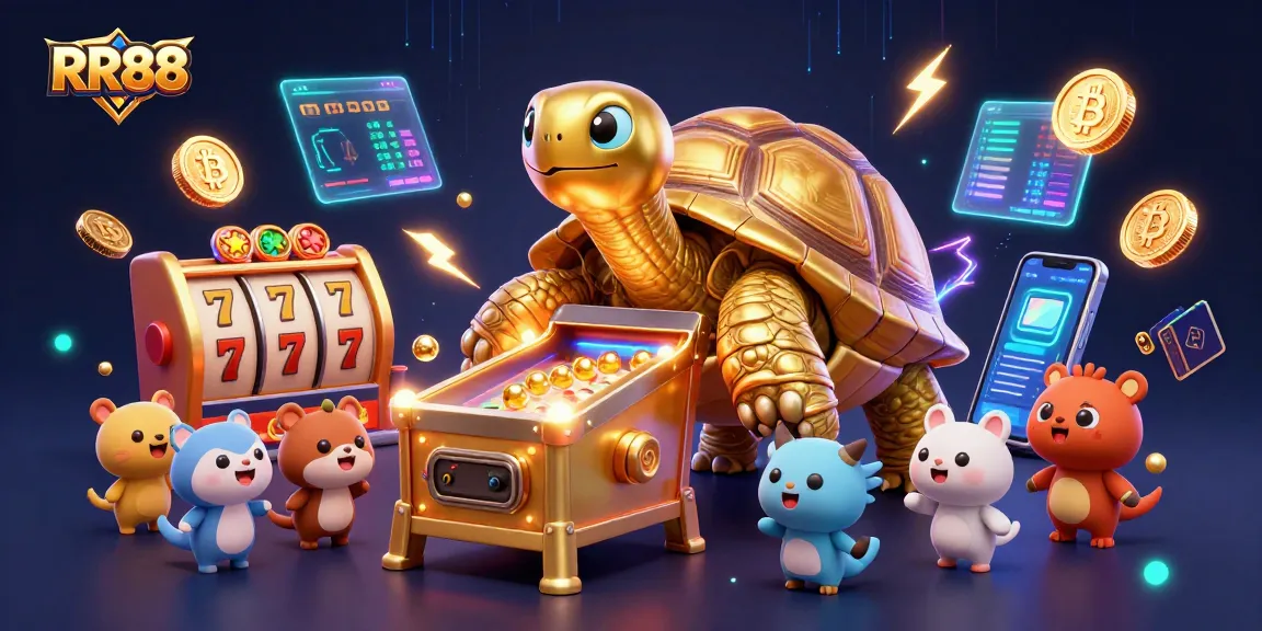 Engage with RR88's vibrant slot game scene featuring a colossal golden tortoise and dynamic gambling elements.