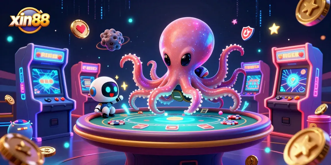 Experience thrilling gaming with xin88's vibrant alien octopus and poker table illustration.