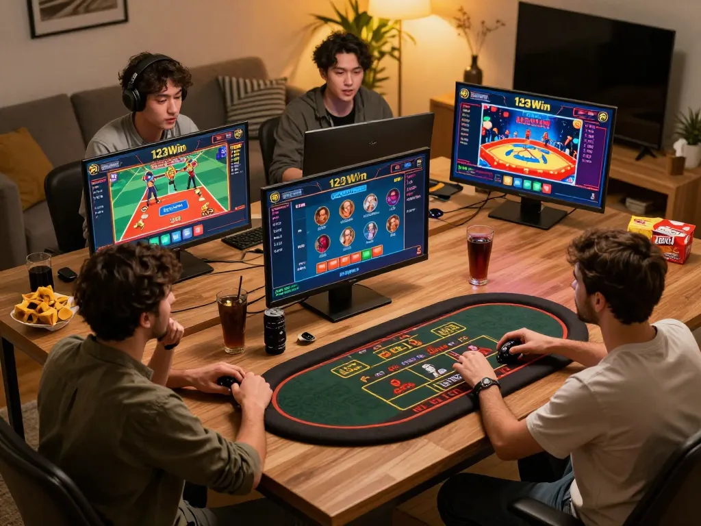 Engaging players experiencing live dealer games on 123Win's platform, showcasing vibrant online casino action.
