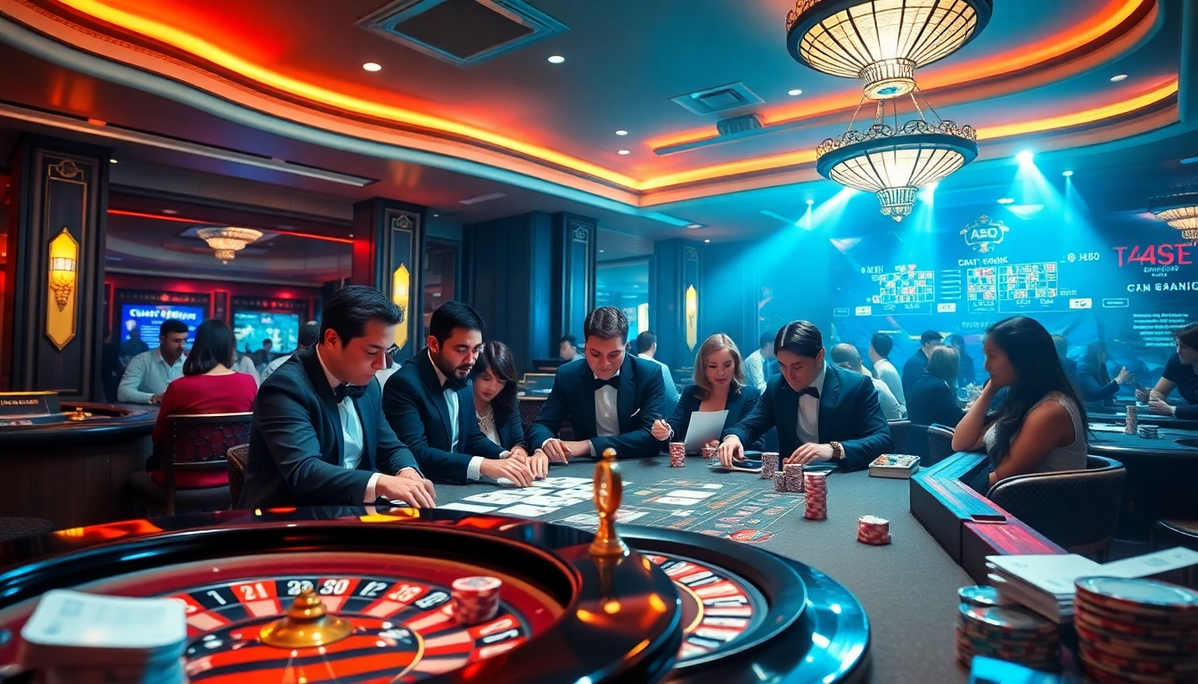 Kèo nhà cái 5 showcases vibrant casino gameplay with excited gamblers at roulette and card tables.