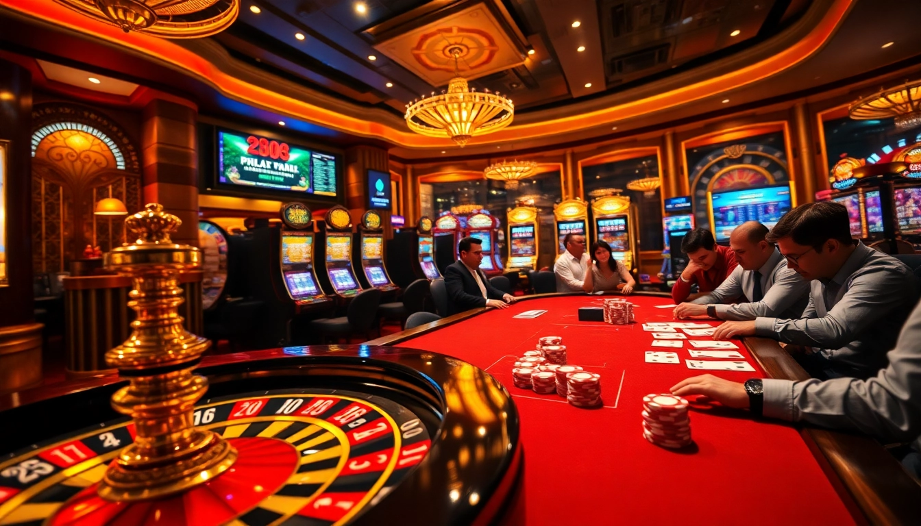 PHSKY casino scene showcasing roulette, poker, and online gaming excitement with vibrant elements.