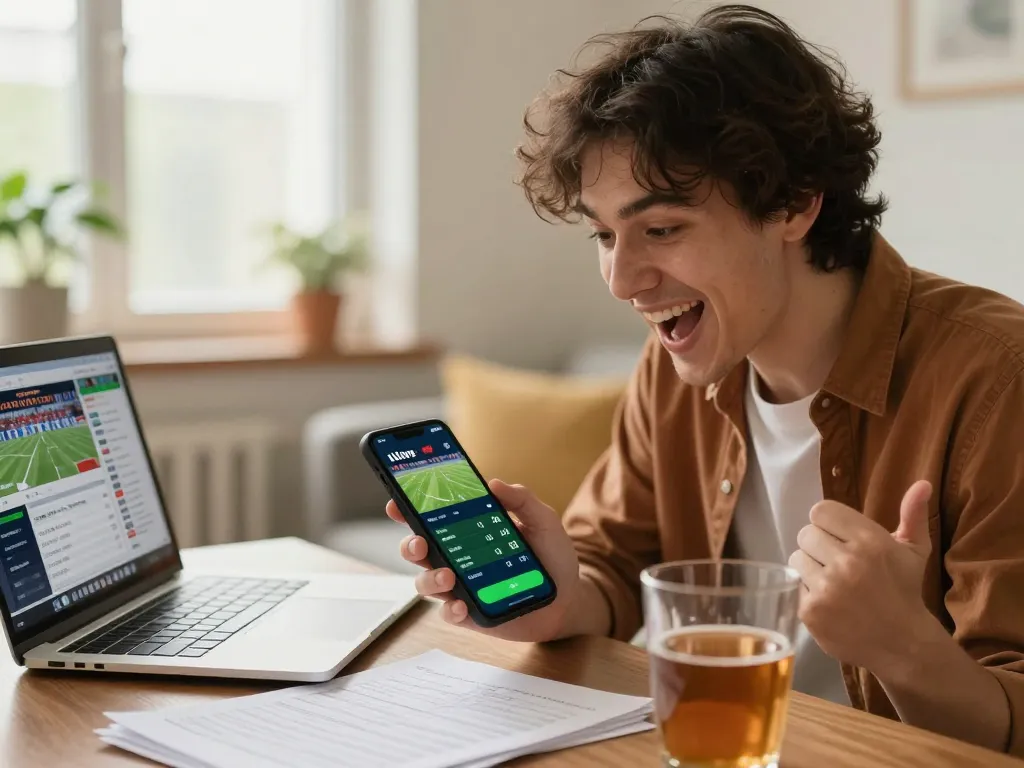 78win player placing bets on a mobile app, showcasing live odds and exciting sports events in a cozy home setting