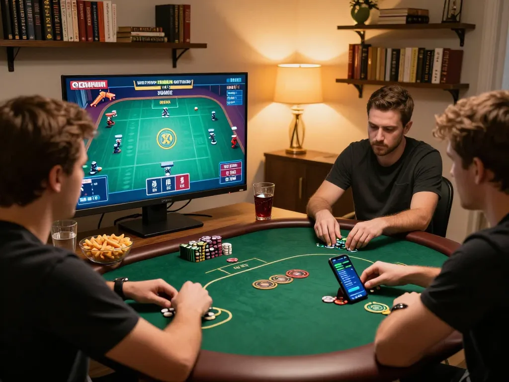 Engaged players at home using LV88 for an exciting online poker game session with snacks and drinks.