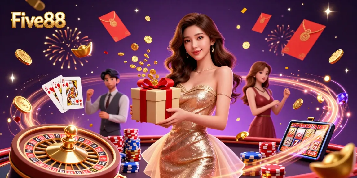 Experience the excitement of Five88 with golden coins and festive casino-themed elements in a dynamic illustration.