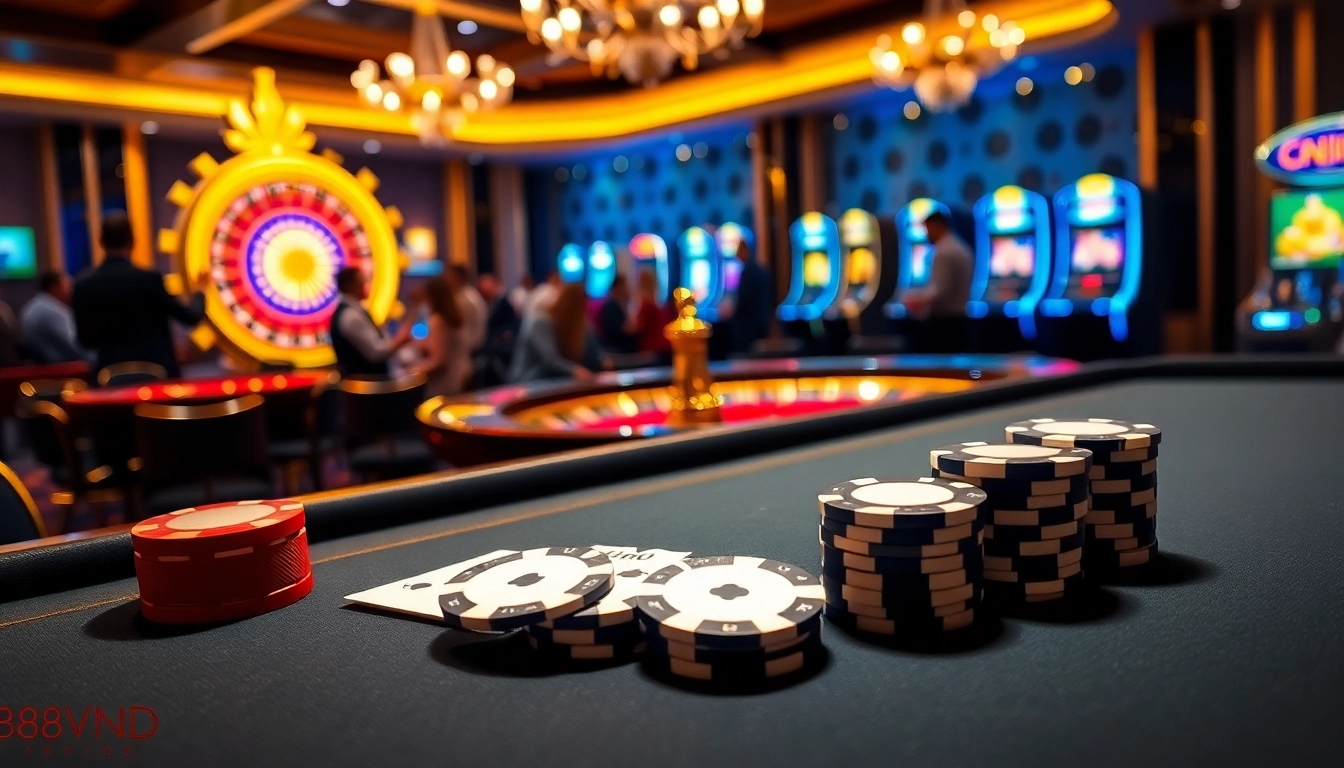 Experience the excitement of online gambling at https://888vnd.gb.net with a luxurious casino setup featuring poker tables and lively players.
