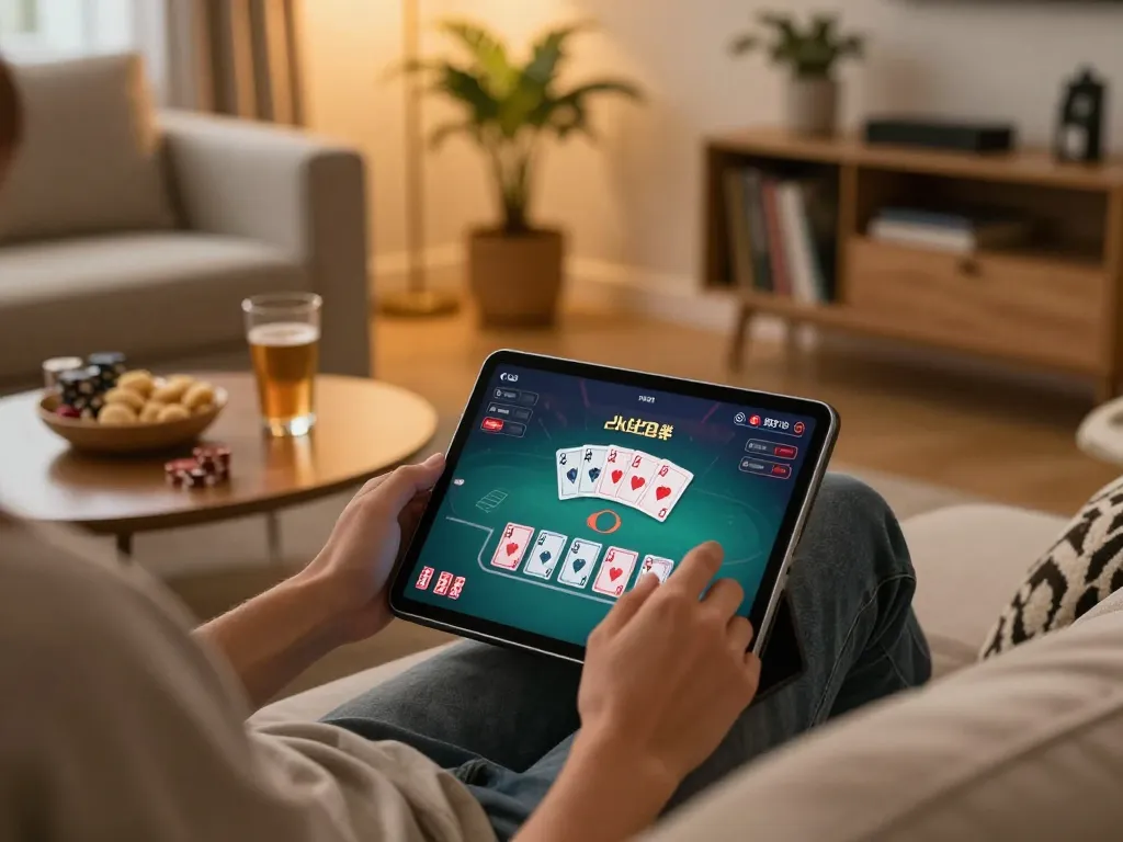 Engaging in lc88 poker gaming on a tablet in a cozy home environment.
