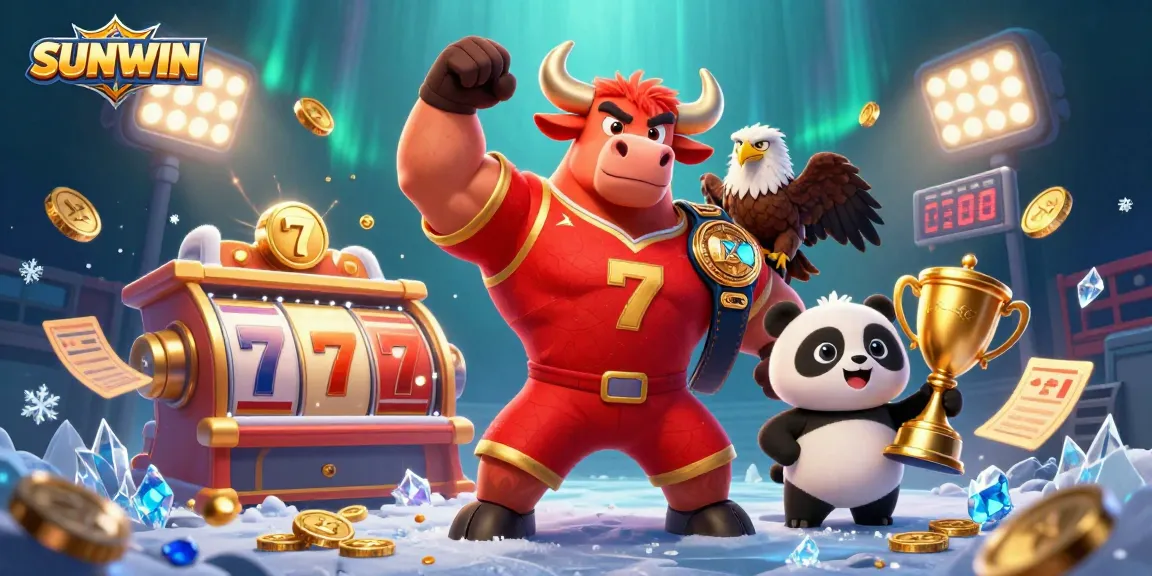 SUNWIN gamblers enjoying slots, featuring a cartoon bull, eagle, and panda amongst dynamic casino elements.
