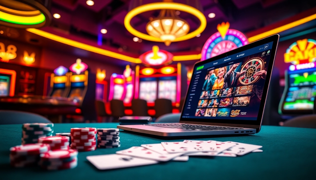 Players enjoying NK88 online gambling with poker chips and vibrant slot machines.