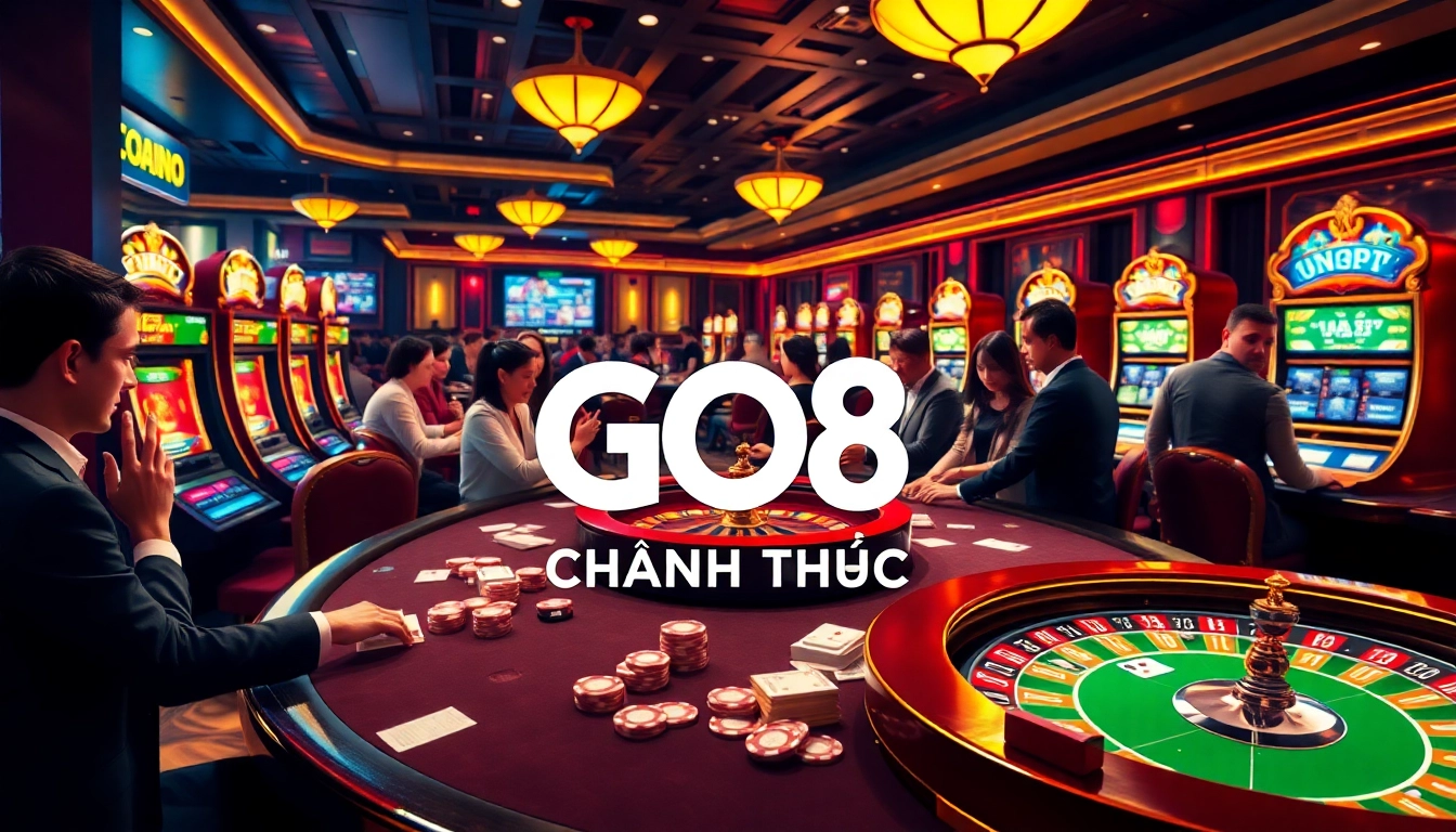 Exciting casino scene featuring GO8 CHÍNH THỨC with vibrant games, poker chips, and a roulette wheel.